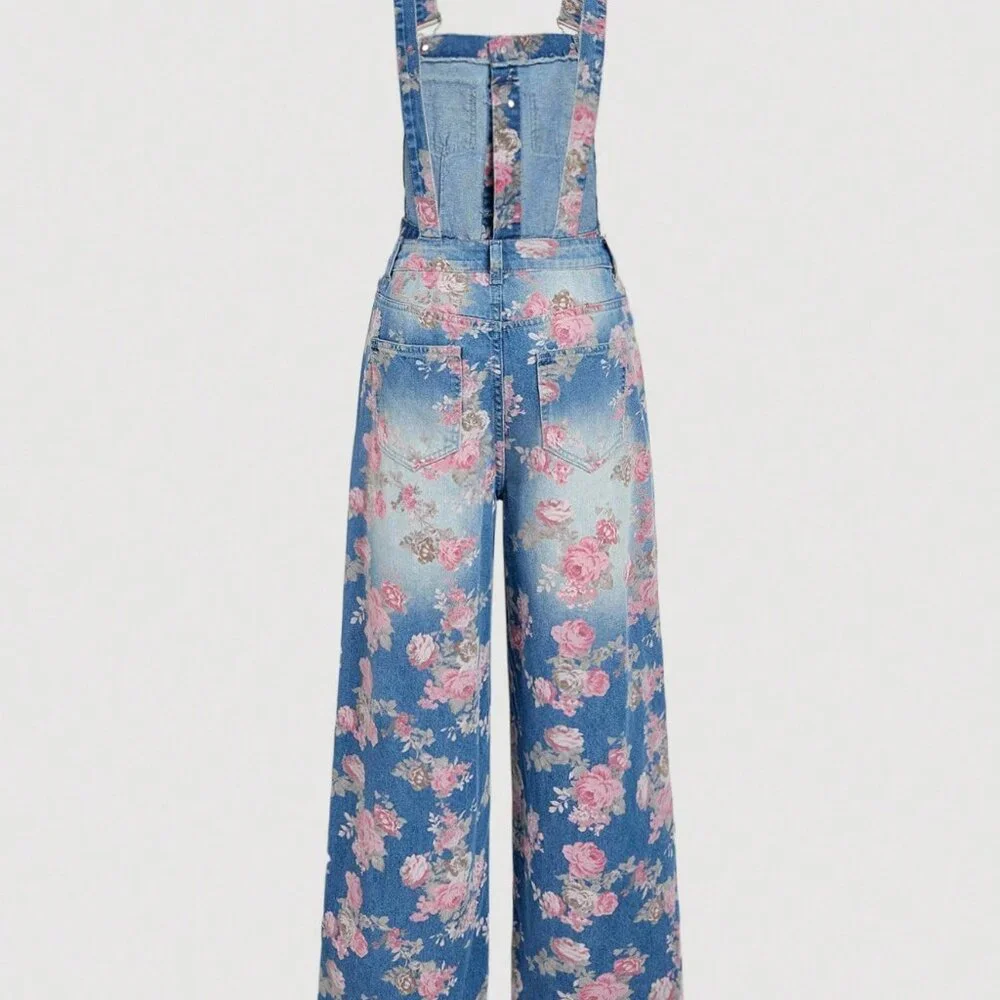 Medium Wash Boho Women's Floral Denim Jumpsuit - Picture 2 of 4